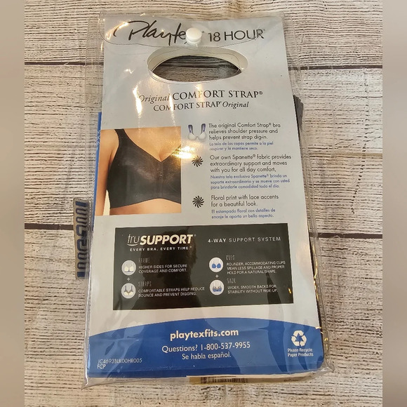 Playtex 18 Hour Bra 4693 Wire Free Size 44C Black 4 Way Support Shoulder Comfort - Picture 3 of 3